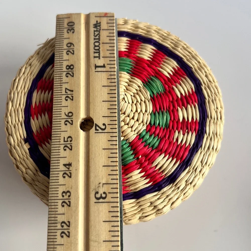 Vintage Handwoven Straw Trinket Basket with Lid Red Green Purple Boho Decor